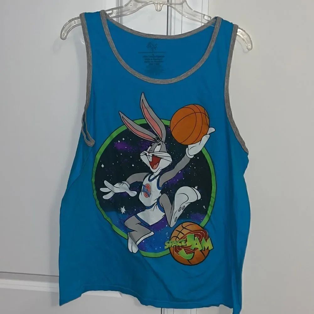 Old SpaceJam Bugs bunny basketball tank sleeveless summer T shirt L Blue Teal